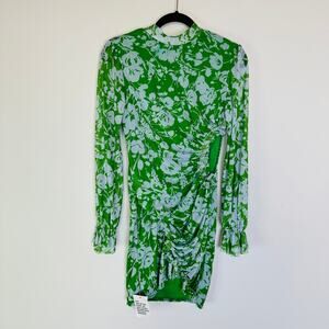 ASOS mesh long sleeve frill mini dress in green and blue floral